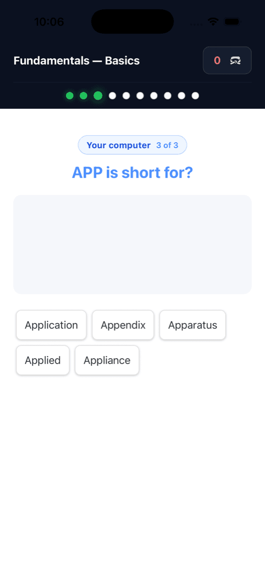 TechLingo word game asking what APP is short for